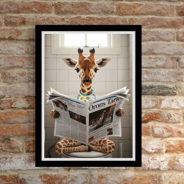Giraffe reading a newspaper Bathroom Wall Prints