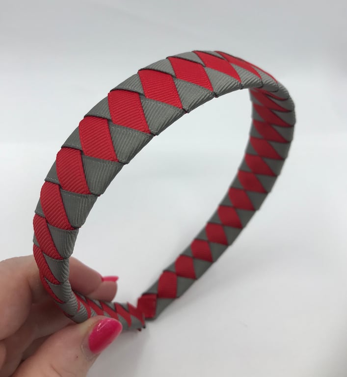 School Red and Grey Diamond Pleated Hairband