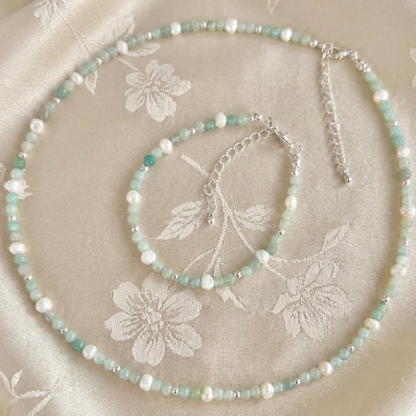 Amazonite And Cultured Pearl Dainty Jewellery Set