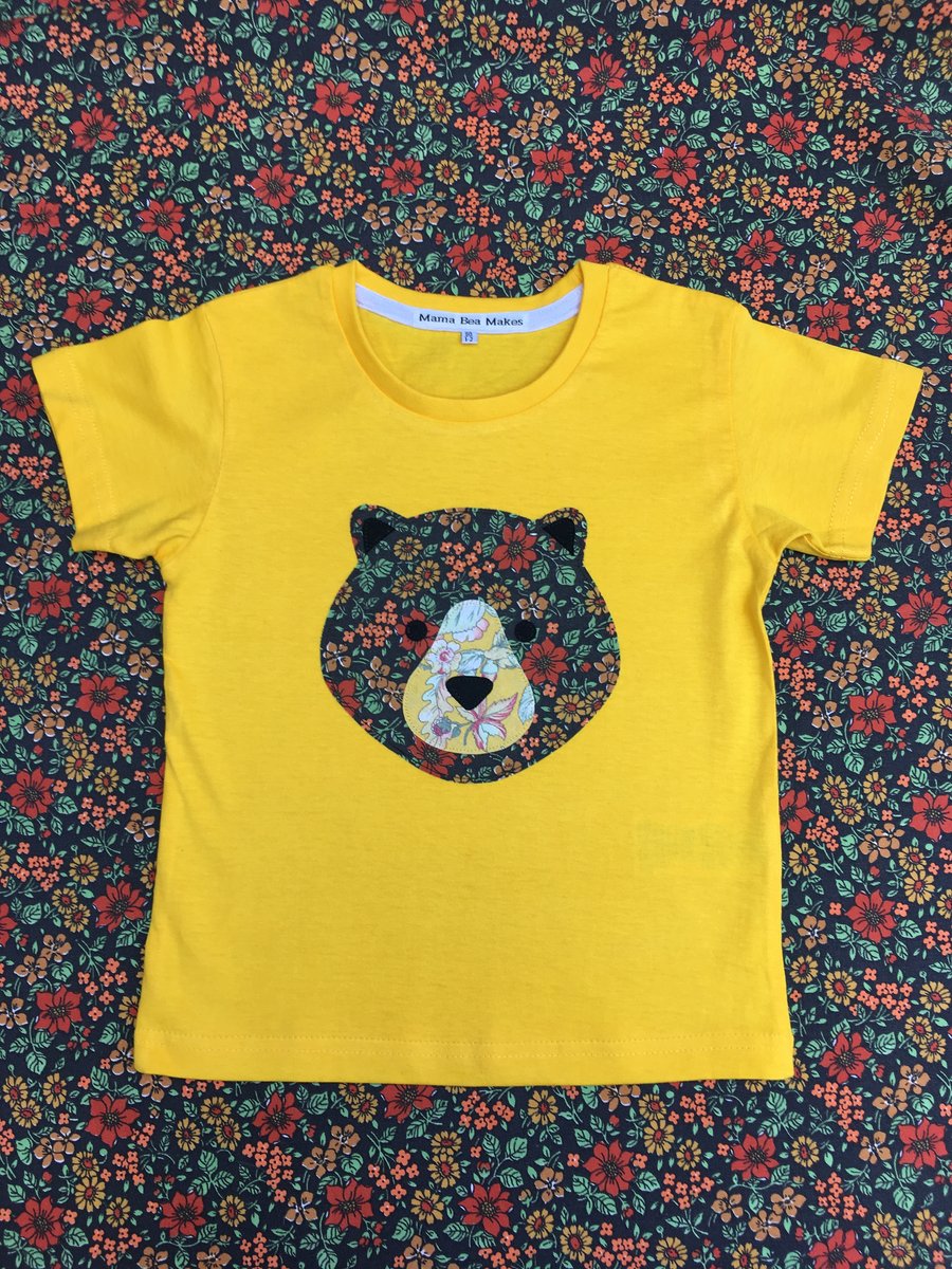 Handmade Appliqué Grizzly Bear Childrens T-shirt using Vintage Fabrics 
