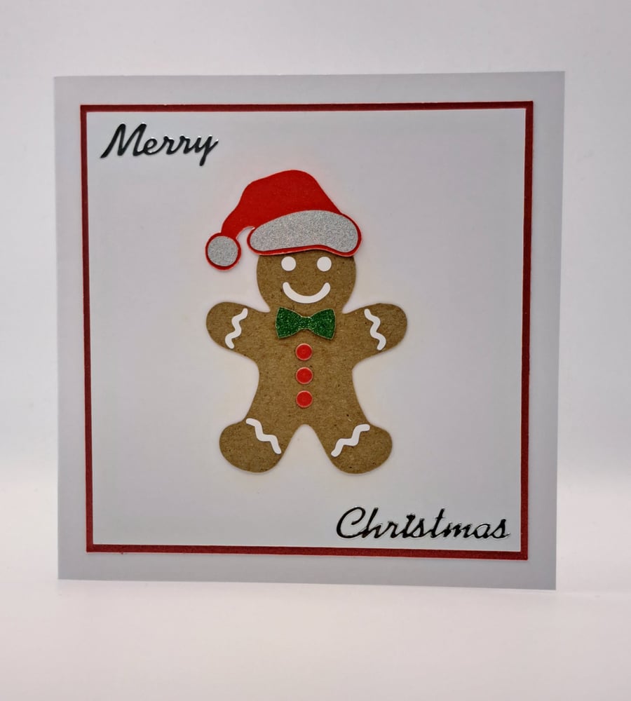 Handmade Gingerbread Man Christmas Card with Santa Hat – 5 x 5 Inch Square