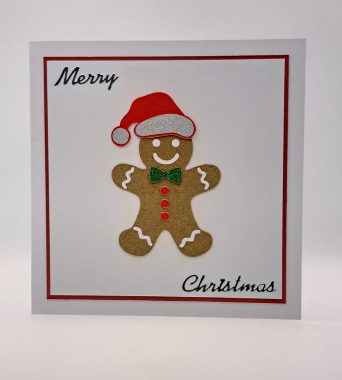 Handmade Gingerbread Man Christmas Card with Santa Hat – 5 x 5 Inch Square