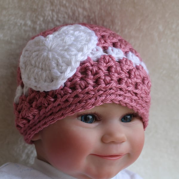 Newborn Beanie Hat with Heart Motif - Dusty Pink and White - Baby Girl Love Hat