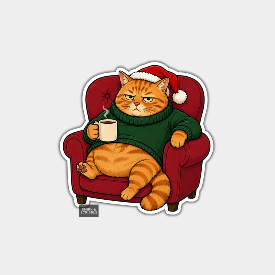 Unique Funny Christmas Sticker Xmas Decal - Grumpy Cat In Armchair
