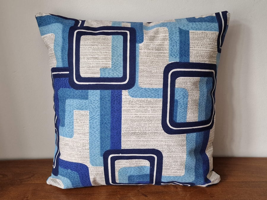 Handmade geometric blue pattern cushion cover vintage 1960s 1970s fabric
