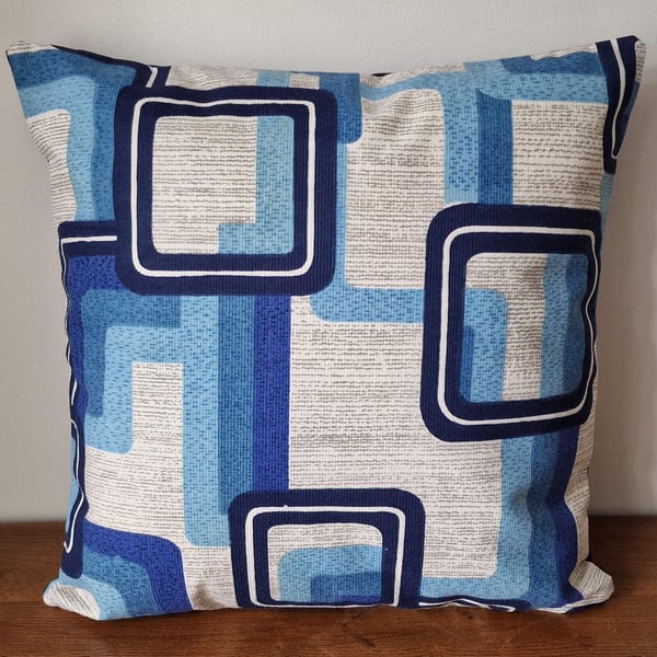 Handmade geometric blue pattern cushion cover vintage 1960s 1970s fabric