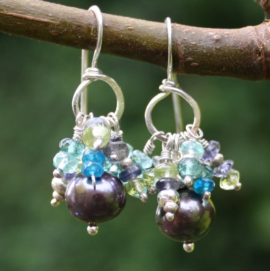 Silver Pearl earrings with peridot, apatite , iolite and labradorite dangles