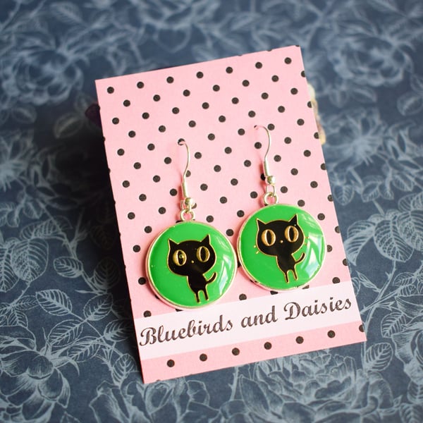 Lucky Black Cat Dangle Earrings with Green Background