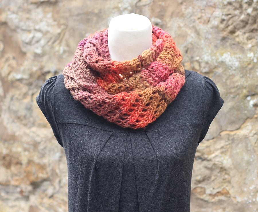 Scarf infinity, cowl, snood, multicolor pink beige, women's gift guide