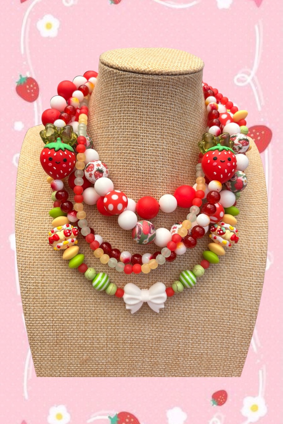 Maximalist strawberry themed multi layered charm necklace 