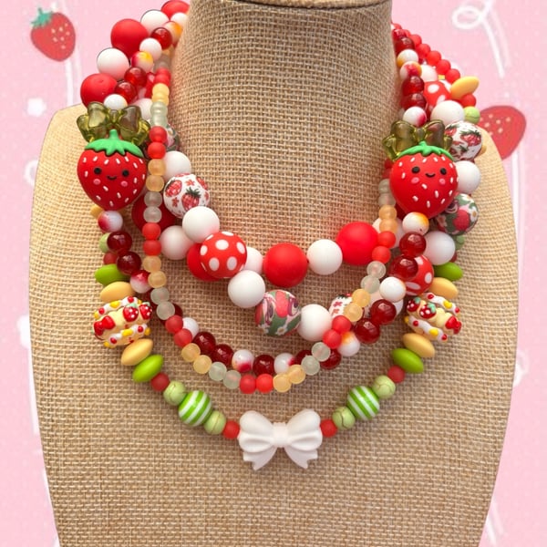 Maximalist strawberry themed multi layered charm necklace 