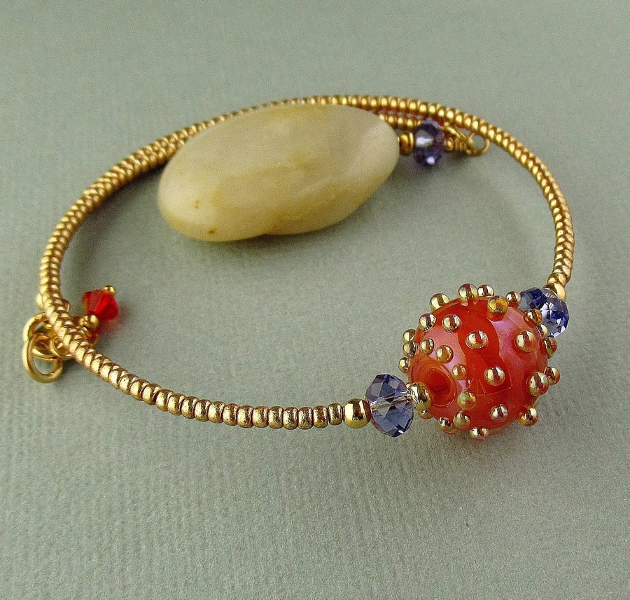 Memory Wire Bracelet - Lampwork Glass Bead - Orange Gold