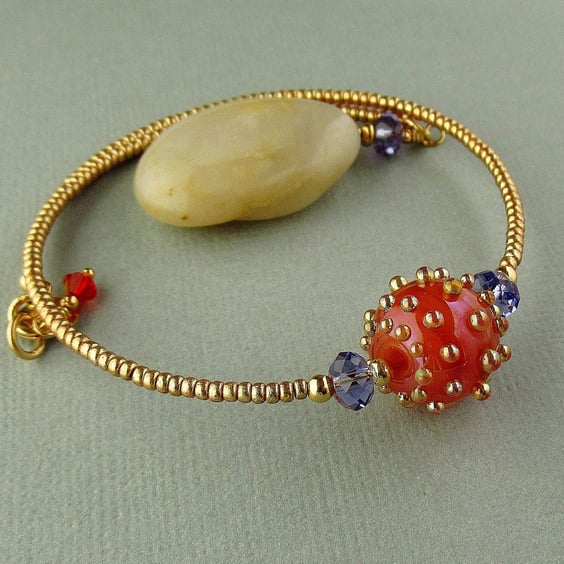 Memory Wire Bracelet - Lampwork Glass Bead - Orange Gold