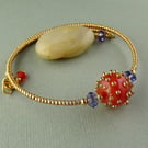 Memory Wire Bracelet - Lampwork Glass Bead - Orange Gold