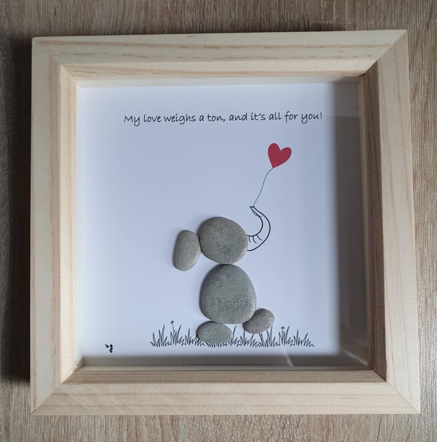 Pebble Art Elephant with Heart Balloon, Handmade Stone Frame in a Gift Box