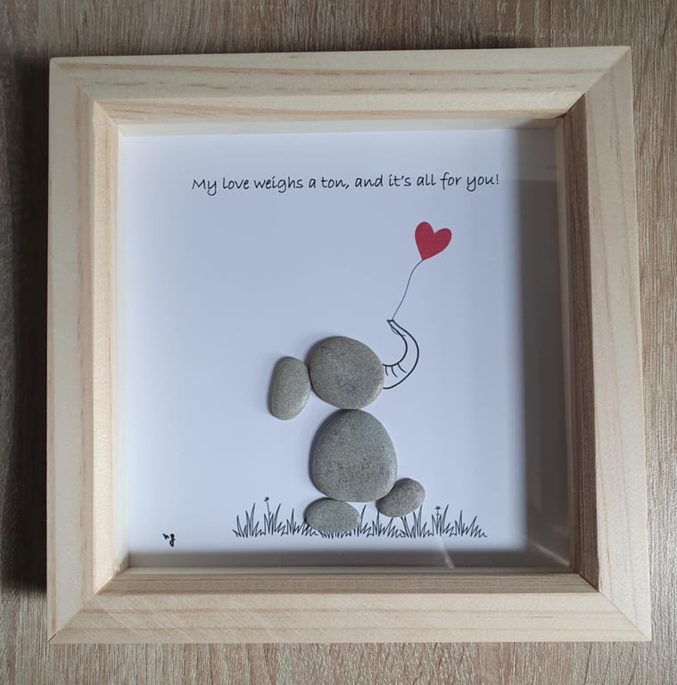 Pebble Art Elephant with Heart Balloon, Handmade Stone Frame in a Gift Box