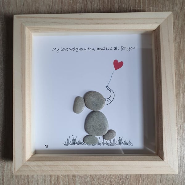 Pebble Art Elephant with Heart Balloon, Handmade Stone Frame in a Gift Box