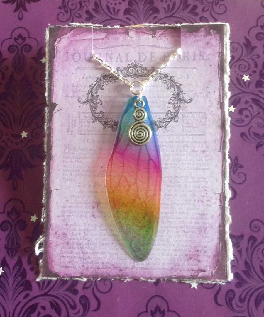Rainbow Spiral Fairy Wing Long Silver Iridescent Necklace