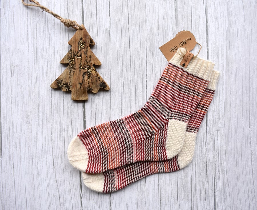 Knit socks, alpaca wool Christmas socks. Striped red soft and warm socks.
