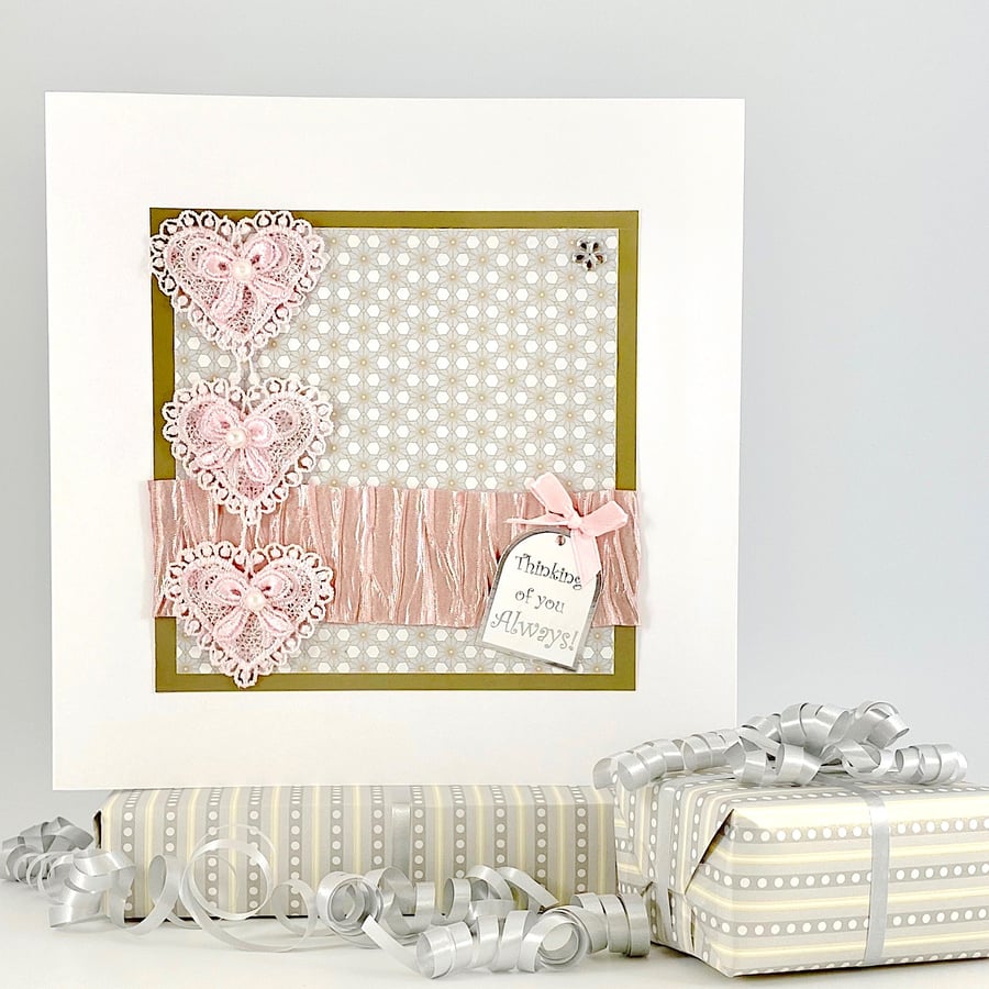 Large Birthday or Wedding anniversary card - paper and fabric pink heart