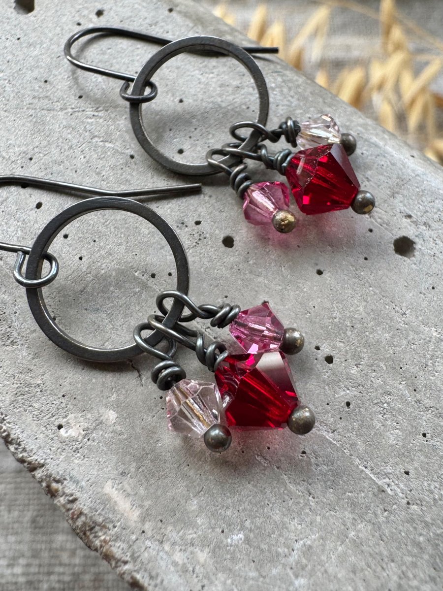Image of Vintage Crystal Earrings Dainty Hoops with Pink and Red Sparkles 