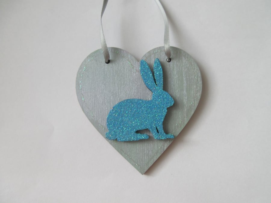 Bunny Rabbit Love Heart Hanging Decoration Blue Wood Wooden Glittery 