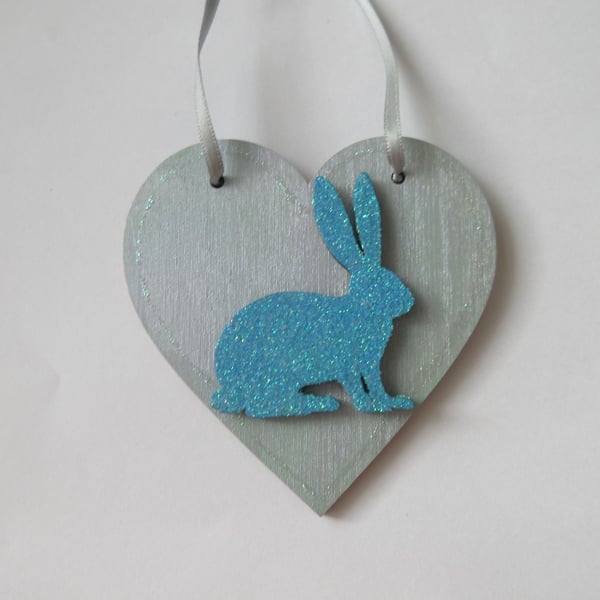 Bunny Rabbit Love Heart Hanging Decoration Blue Wood Wooden Glittery 