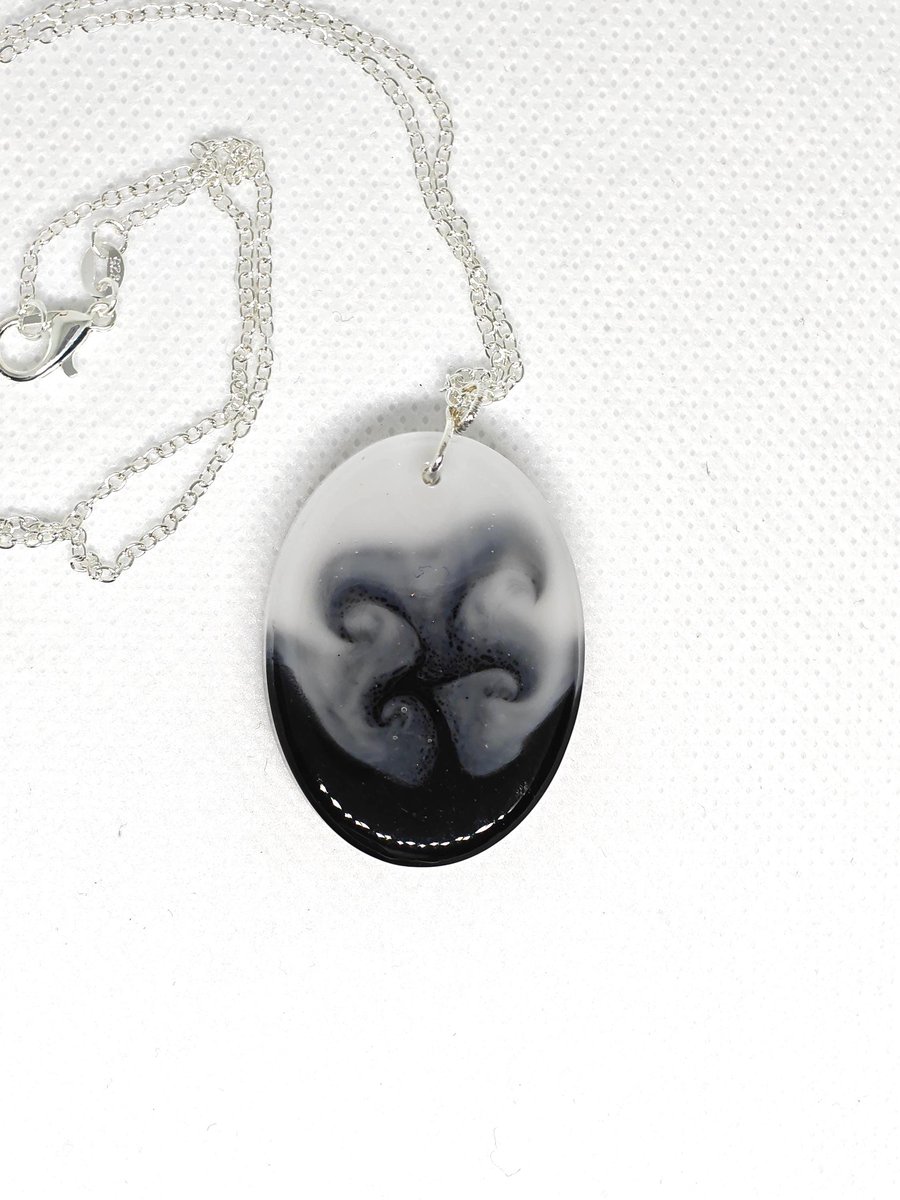 Handmade Resin Pendant: Black and White Abstract necklace- Silver Plated Chain