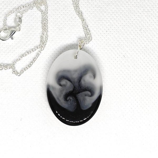 Handmade Resin Pendant: Black and White Abstract necklace- Silver Plated Chain