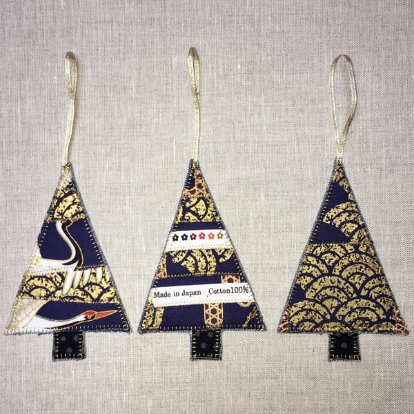 Japanese Fabric Christmas Tree Decorations Blue and Gold Cranes, Christmas Card