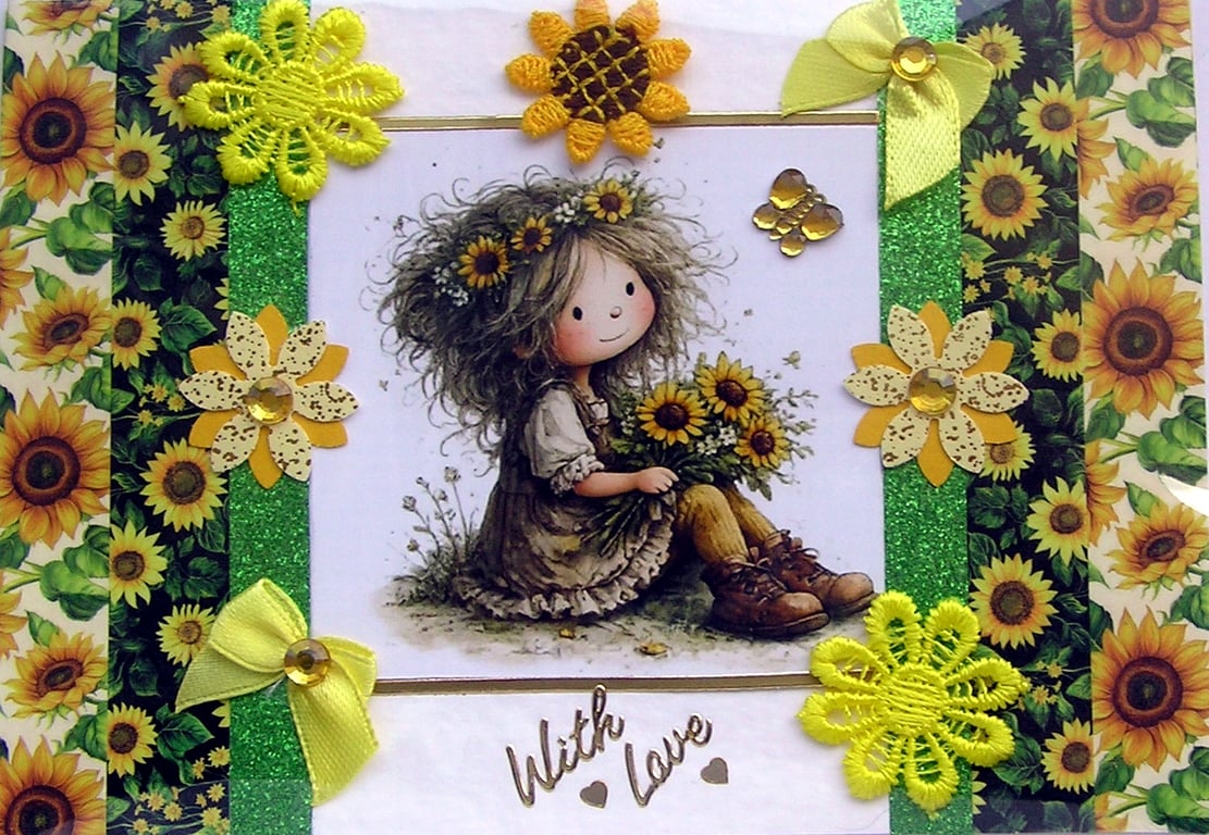 Girl Holding SunFlower - Hand Crafted Decoupage Greeting Card - With Love 3800