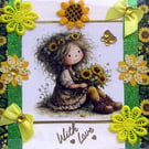 Girl Holding SunFlower - Hand Crafted Decoupage Greeting Card - With Love 3800