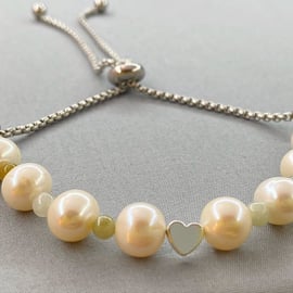 Ivory Pearl & Jadeite Jade Stainless Steel Slider Bracelet with Hematite Heart 