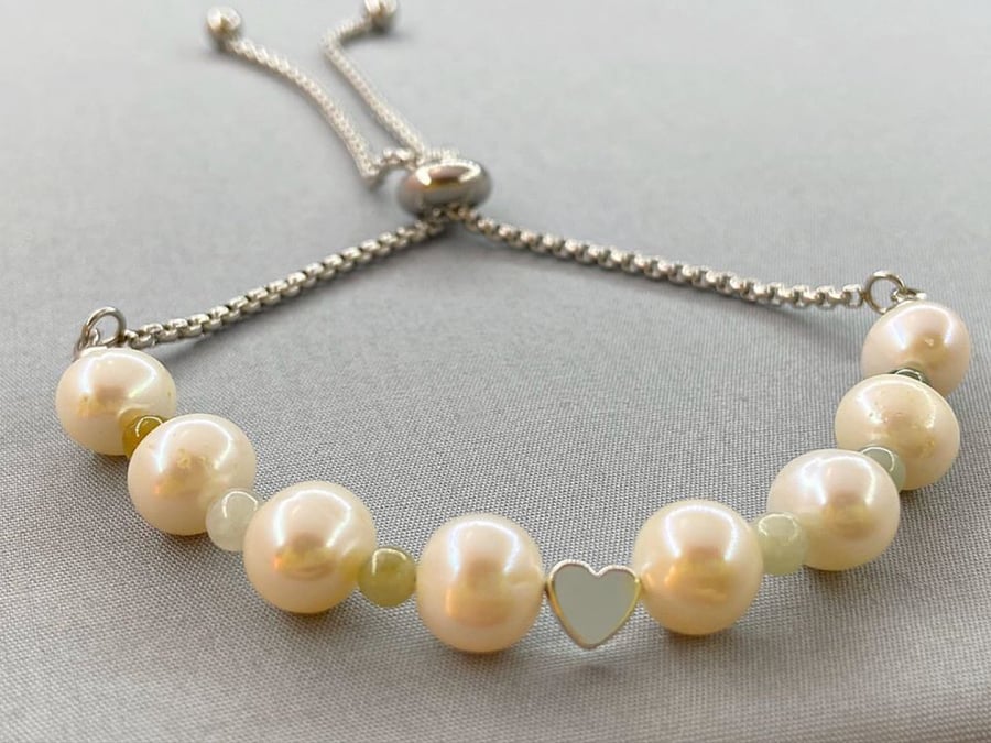 Ivory Pearl & Jadeite Jade Stainless Steel Slider Bracelet with Hematite Heart 