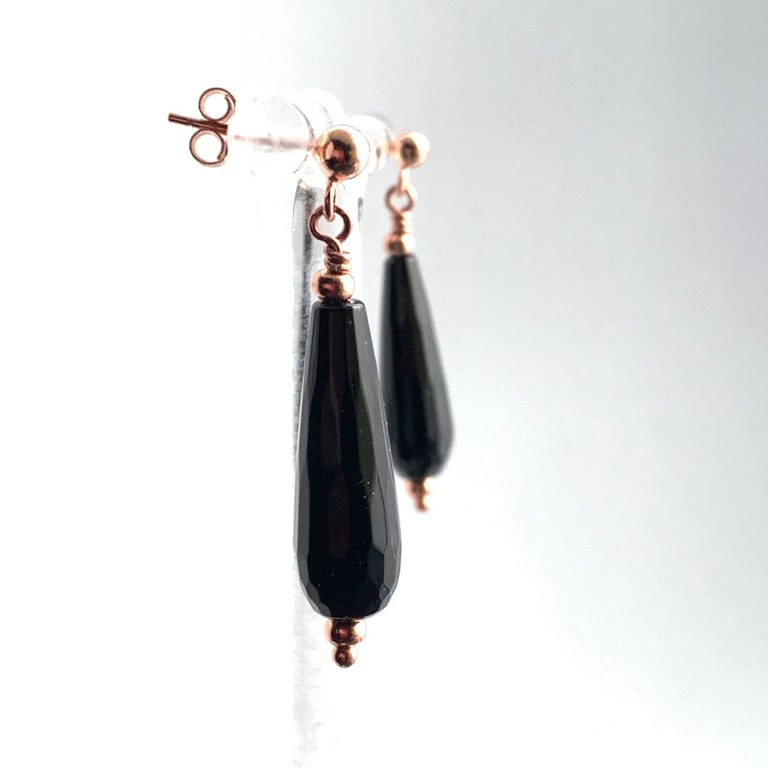 Faceted Black Onyx Teardrop Earrings, Ball Post Ear-wires 9ct Rose Gold Vermeil