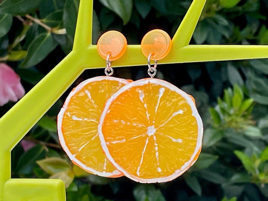 NEON ORANGE EARRINGS orange slice neon post fun cool kawaii retro gift for her f