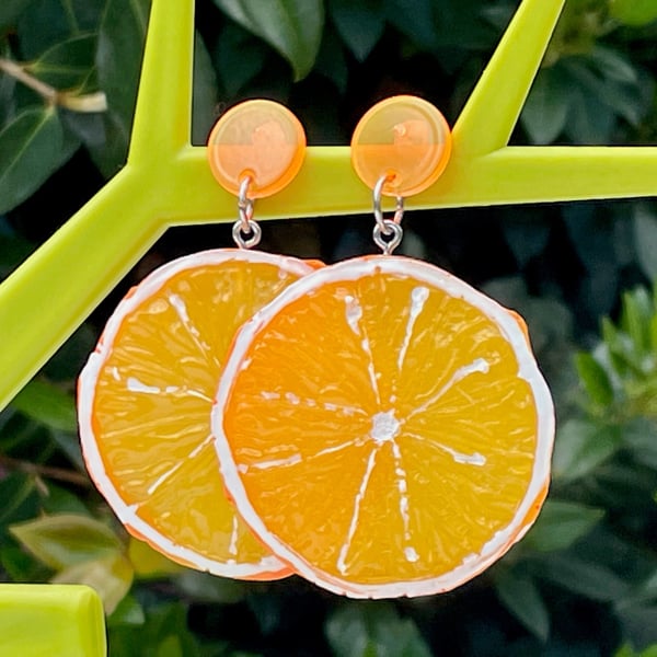 NEON ORANGE EARRINGS orange slice neon post fun cool kawaii retro gift for her f