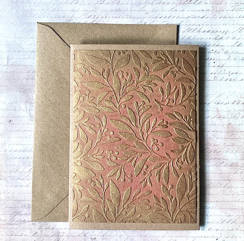 Hand-Inked Embossed Botanical Card – Gold on Rose, Blank Card with Envelope