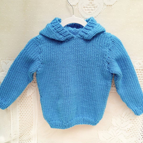 Chunky Blue Hooded Jumper for Babies and Children, Hand Knitted Jumper
