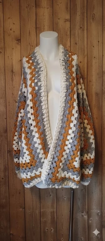 Handmade Crochet Hexagon Cardigan Oversized Boho Jacket Mustard Grey Cream