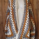 Handmade Crochet Hexagon Cardigan Oversized Boho Jacket Mustard Grey Cream