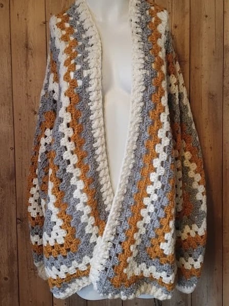 Handmade Crochet Hexagon Cardigan Oversized Boho Jacket Mustard Grey Cream