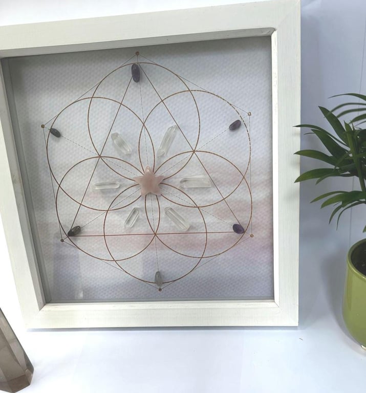 Framed Crystal Grid: Rose Quartz, Clear Quartz, Amethyst - Sacred Geometry Art