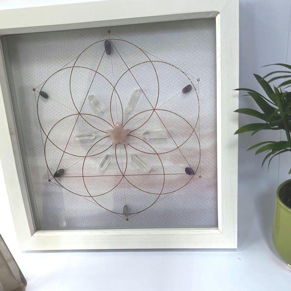 Framed Crystal Grid: Rose Quartz, Clear Quartz, Amethyst - Sacred Geometry Art