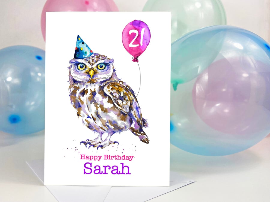 Personalised Little Owl birthday card for him her, premium quality