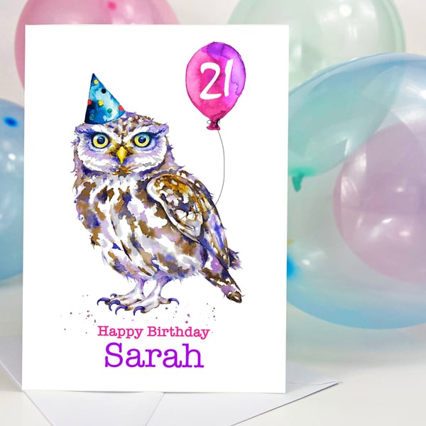 Personalised Little Owl birthday card for him her, premium quality