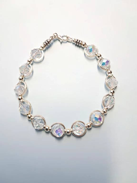 Handmade Crystal Clear Faceted Beads and Engraved Link Bracelet 
