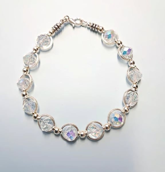 Handmade Crystal Clear Faceted Beads and Engraved Link Bracelet 