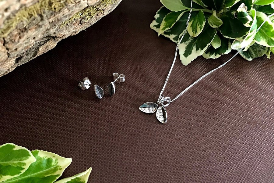 Handmade Silver Twin Leaf Necklace and Earring Set