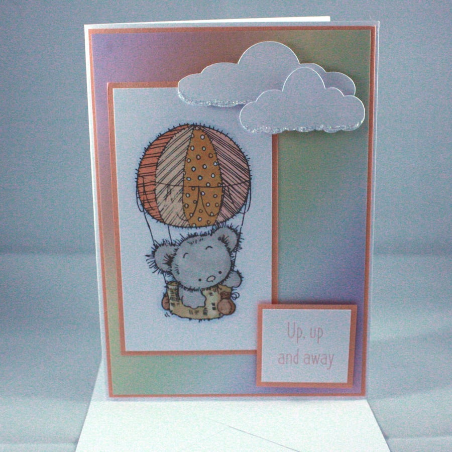 Up, up and away hot air ballooning bear card 